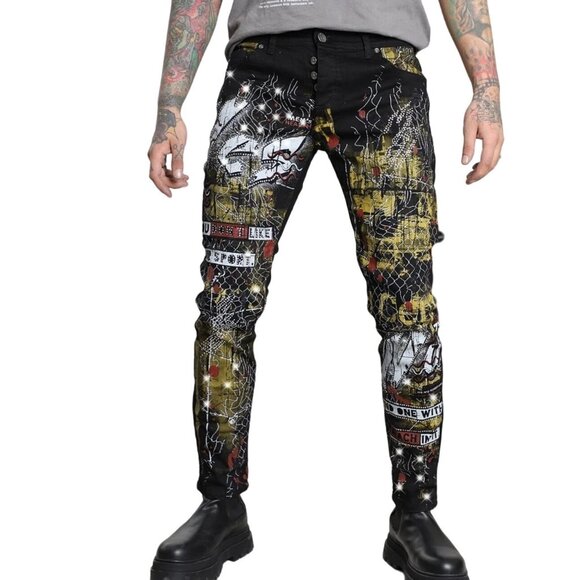 XWay Sernes Mens Graphic Denim Jeans Black & Yellow Size 32 MOD: 6104 Y2K VTG - Picture 1 of 12